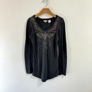 Vintage Y2K Miss Me Girls Shirt Size L Gray Long Sleeve Acid Wash Sequin Studded
